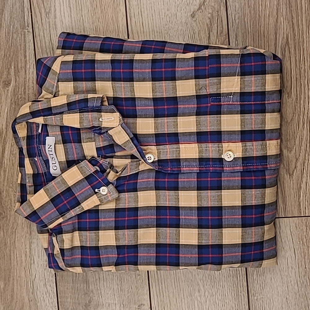 GUSTIN Navy Red Beige Plaid Cotton USA Sz Small Long Sleeve Mens Shirt